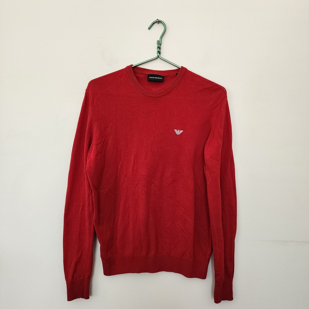 Emporio Armani Mens Red Crew Neck Eagle Logo Knit Sweater XS Quiet Luxury